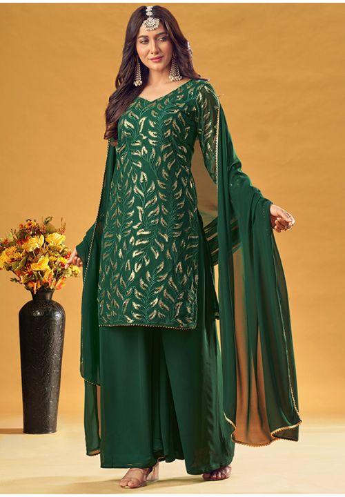 Designer Green Indian Sangeet Wedding Palazzo Suit SFSA331003 - Siya Fashions
