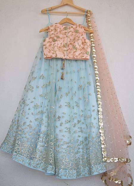 Designer Net Blue Lehenga Skirt Peach Top SIYA3901 - Siya Fashions