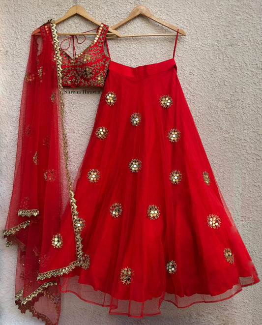Deigner Wedding Red Bridal Lehenga Mirror Work SF42920IN - Siya Fashions
