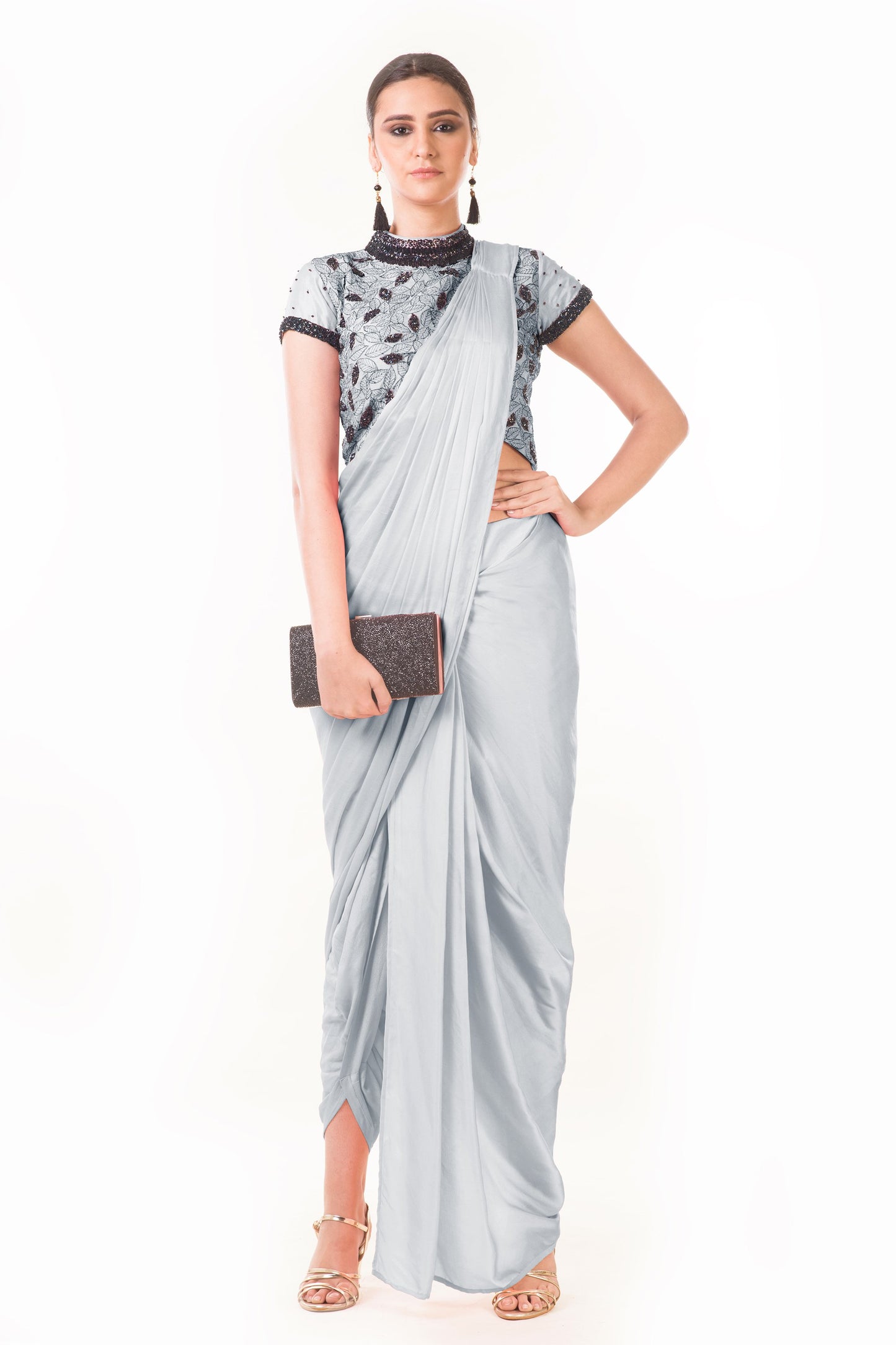 Dhoti Style Saree In Grey SFAX0092 - Siya Fashions