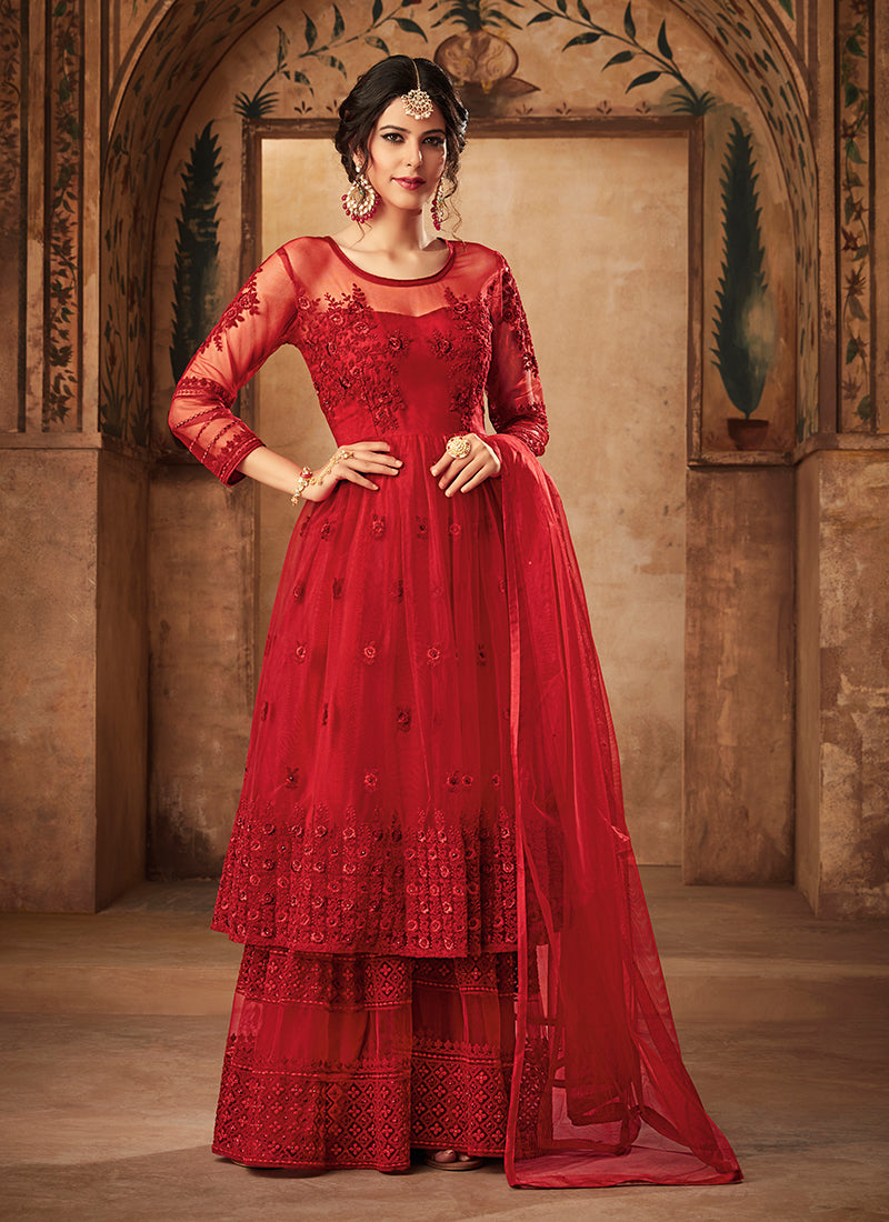 Buy Red Bridal Wedding Palazzo Sharara Suit In Net UTKCH3134 - Siya Fashions