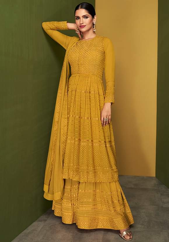 Bridal Haldi Yellow Mustard Indian Pakistani Sharara Suit SFSA333603 - Siya Fashions