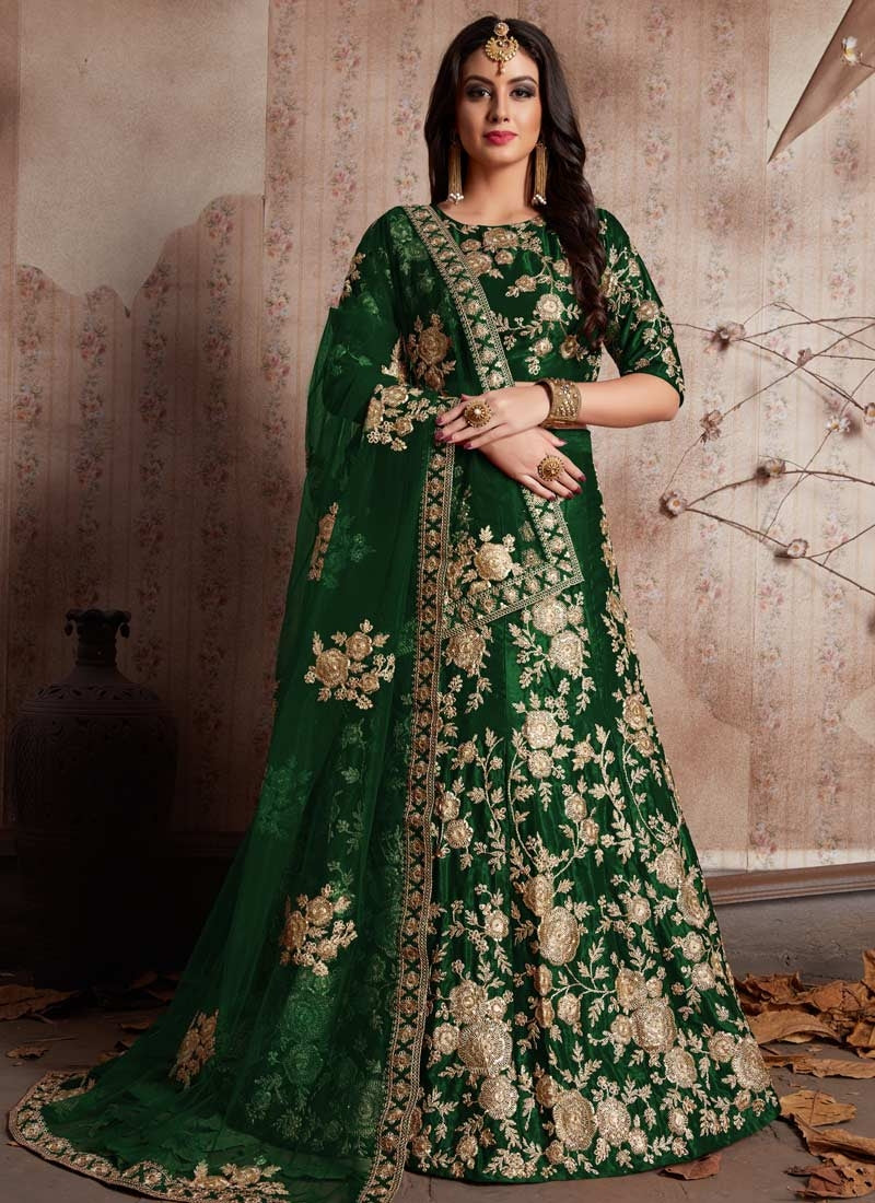 Fashionista Green Indian Party Lehenga Choli In Velvet Zari Work SFPARTY890 - Siya Fashions