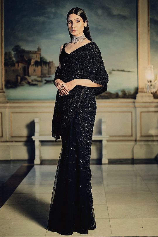Buy Elegant Bridal Black Sequin Saree SFIN120 - Siya Fashions