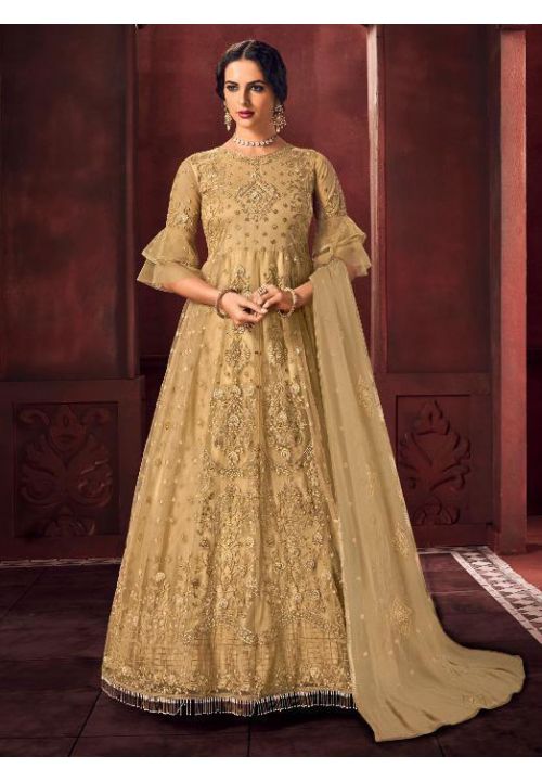 Gold Bridal Organza Silk Anarkali Gown With Stone Work SFSA257104 - Siya Fashions