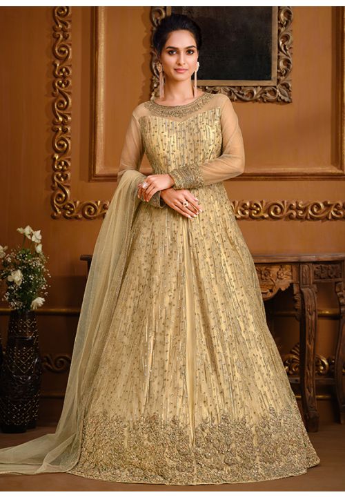 Gold Cream Indian Pakistani Bridal Gown Anarkali Suit In Net  SFVPL18805 - Siya Fashions