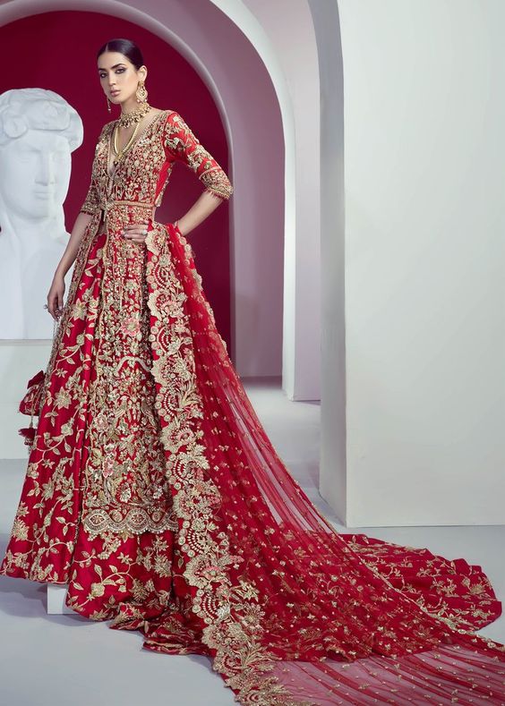 Gold Red Floral Bridal Lehenga Trail SFINS012 - Siya Fashions