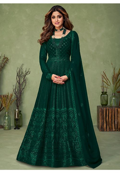 Green Bollywood Shamita Evening Wedding Gown In Georgette SFSA330703 - Siya Fashions