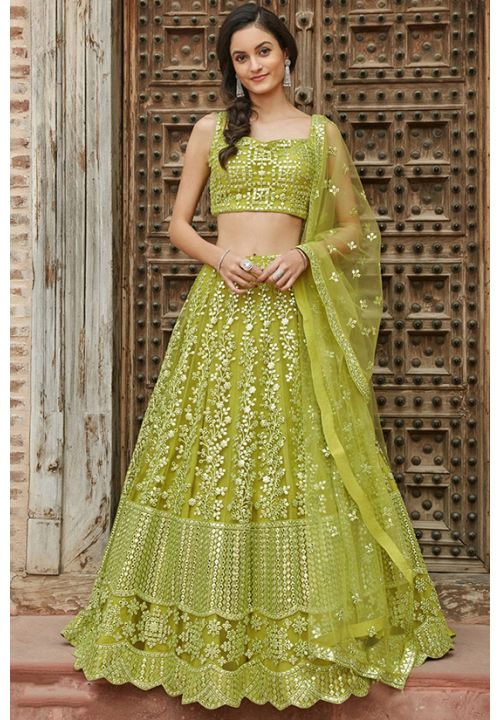 Green Bridal Reception Lehenga Choli Set Fully Embroidery Work SFANB57801 - Siya Fashions
