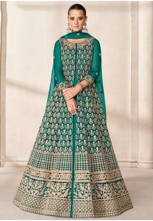 Green Bridesmaid Embroidery Net  Long Anarkali Gown SRYS82302 - Siya Fashions