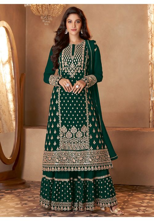 Green Heavy Indian Pakistnai Wedding Palazzo Suit Georgette SFSA288102 - Siya Fashions