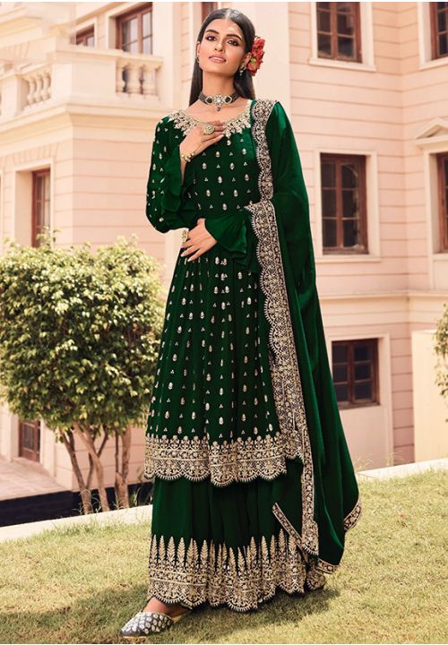 Green Indian Pakistani Georgette Party Palazzo Sarara Kameez SFDSIF8704 - Siya Fashions