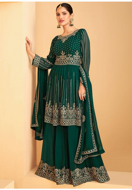 Green Indian Pakistani Palazzo Suit In Chinon Chiffon SFYS76802 - Siya Fashions