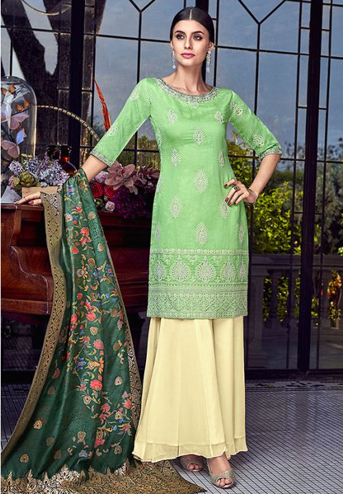 Green Sangeet Heavy Palazzo Sharara Suit Chanderi Silk SFSWG5307 - Siya Fashions