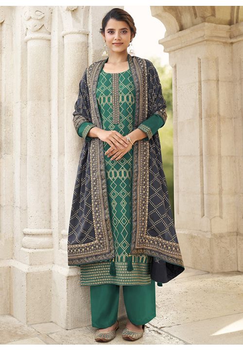 Green Sangeet Party Embroidery Palazzo Suit In Chinnon SFYS69003 - Siya Fashions