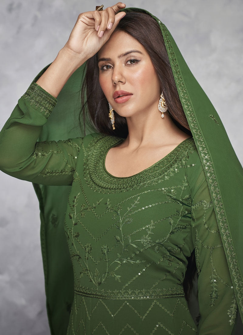 Green Wedding Anarkali Churidar Suit In Georgette SFZ104531 - Siya Fashions