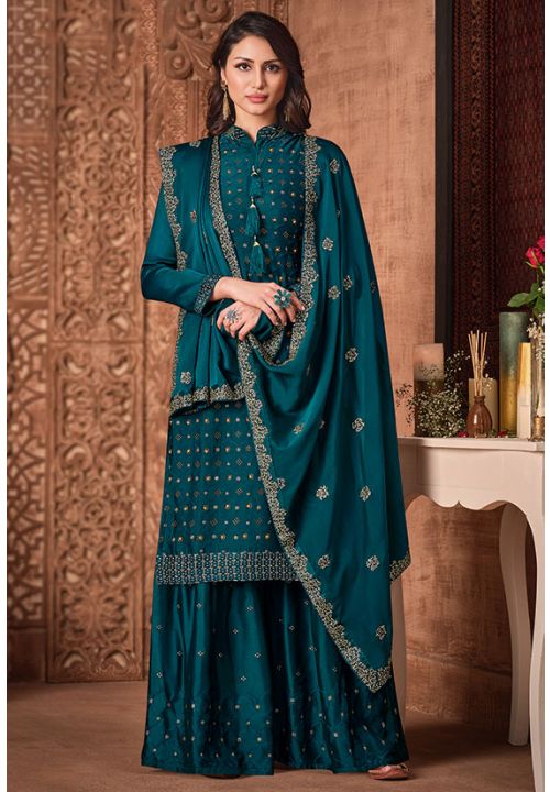 Green Wedding Sangeet Palazzo Sharara Suit Silk Georgette SFYS65804 - Siya Fashions