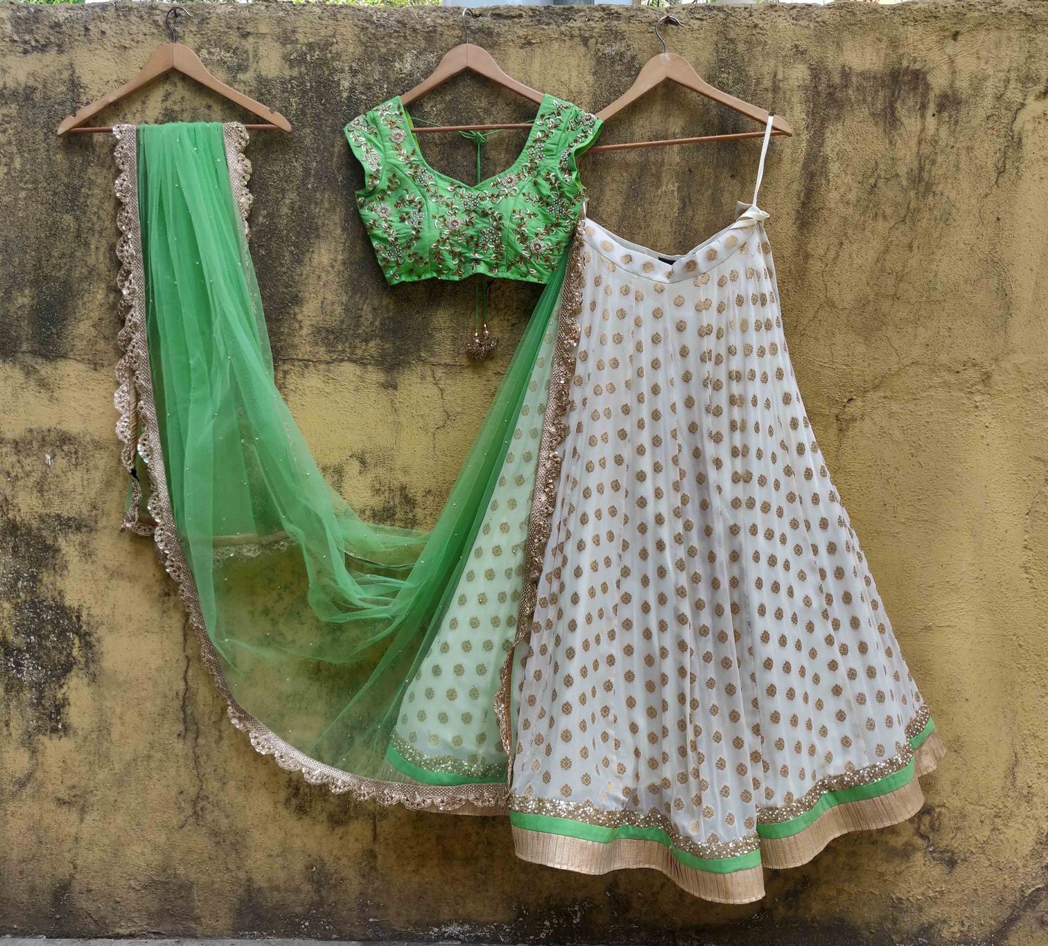 Green Raw Silk Lehenga With Zari Pearl SIYA124IN - Siya Fashions