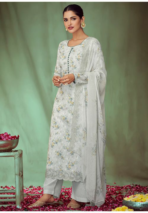 Grey Cotton Jacquard Plus Size Summer Palazzo Suit SFSTL18903 - Siya Fashions