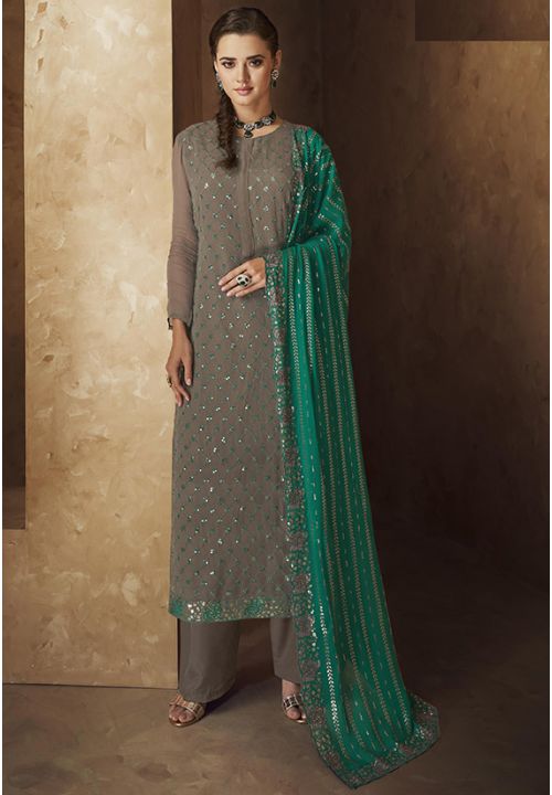 Grey Green Georgette Party Sequin Embroidery Work EXYS70901 - Siya Fashions