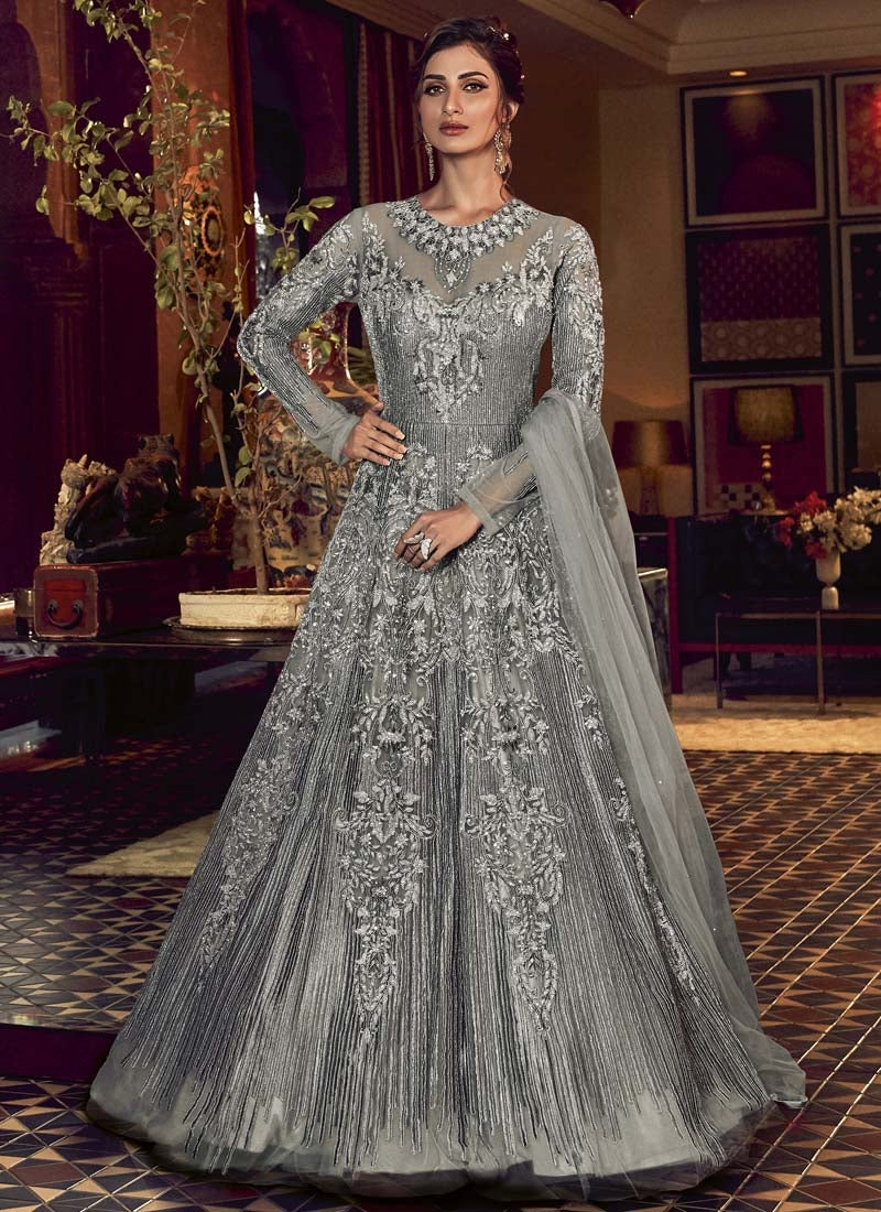 Grey Wedding Bridal Anarkali Gown Net D532YDS - Siya Fashions