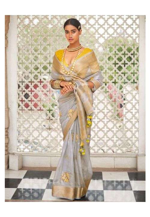 Grey Yellow Organza Evening Look Indian Saree SFSA353501 - Siya Fashions
