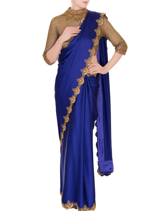 Blue Evening Party Saree In Satin With Gold Blouse SFINS54 - Siya Fashions