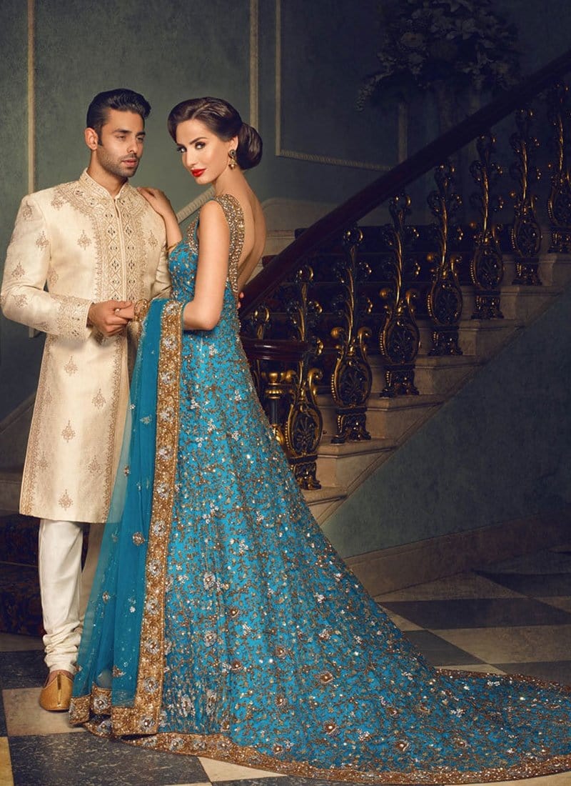 Rebellious Bridal Walima Reception Blue Net Trail Gown SFIN7032 - Siya Fashions