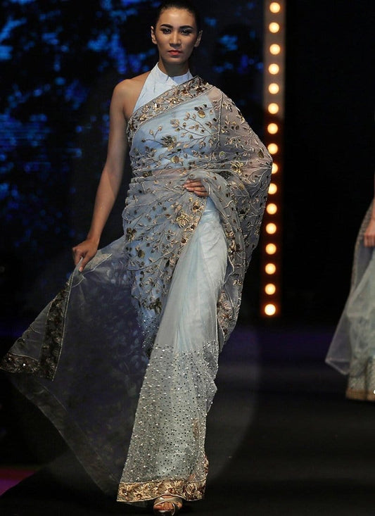 Shimmering Grey Net Saree With Fully Sequined SF0223IN - Siya Fashions