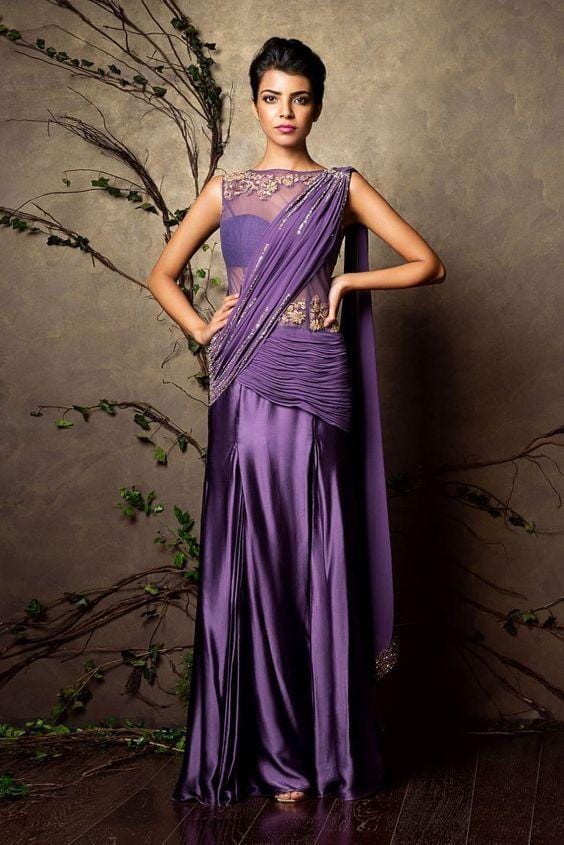 Galvanize Purple Silk Saree Gown Zari Work SF081IN - Siya Fashions