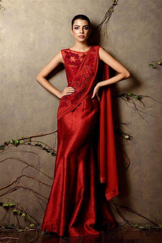 Galvanize Red Silk Saree Gown Zari Work SF080IN - Siya Fashions