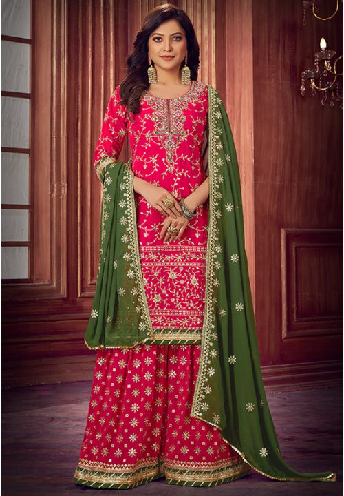 Hot Pink Indian Pakistani Palazzo Salwar Kameez Suit SFYS79304 - Siya Fashions