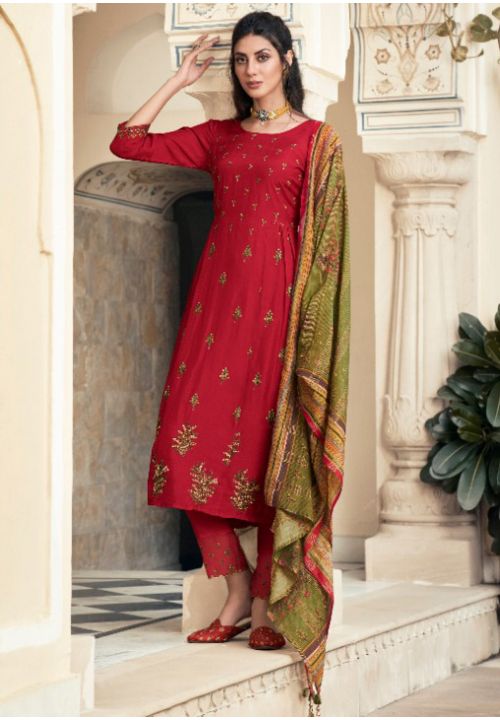 Hot Red  Pure Bemberg Silk Wedding Palazzo Suit SFSA284208 - Siya Fashions