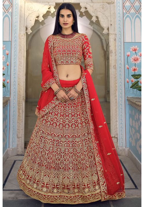 Immense Red Bridal Zari Work Lehenga Choli In Georgette SFARY11302 - Siya Fashions