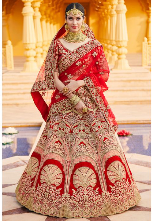 Indian Bridal Red Velvet Hand Work Lehenga Choli SFARY10601 - Siya Fashions