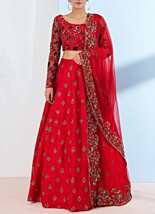 Indian Red Silk Crystal Diamond Wedding Dress SFIN004 - Siya Fashions