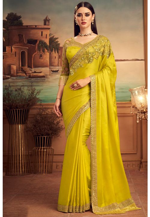 Lemon Yellow Silk Evening Indian Saree SFSA25038 - Siya Fashions
