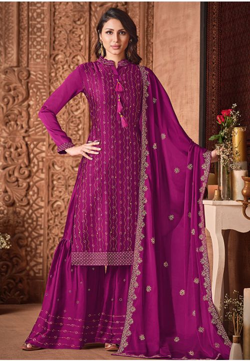 Magenta Wedding Sangeet Palazzo Sharara Suit Silk Georgette SFYS65803 - Siya Fashions
