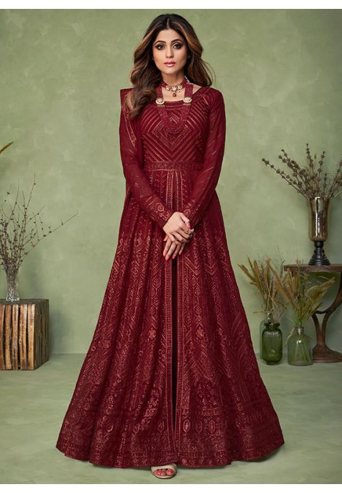 Maroon Bollywood Shamita Evening Wedding Gown In Georgette SFSA330702 - Siya Fashions