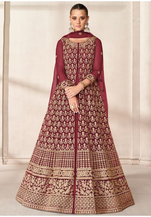 Maroon Embroidery Net Long Anarkali Gown SRYS82305 - Siya Fashions