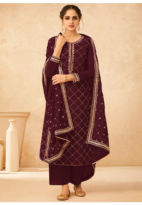 Maroon Evening Indian Pakitani Palazzo Salwar Suit SFYS65609 - Siya Fashions