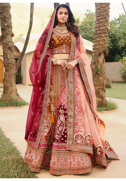 Maroon Maharani Velvet Bridal Lehenga Choli EXSA280701 - Siya Fashions