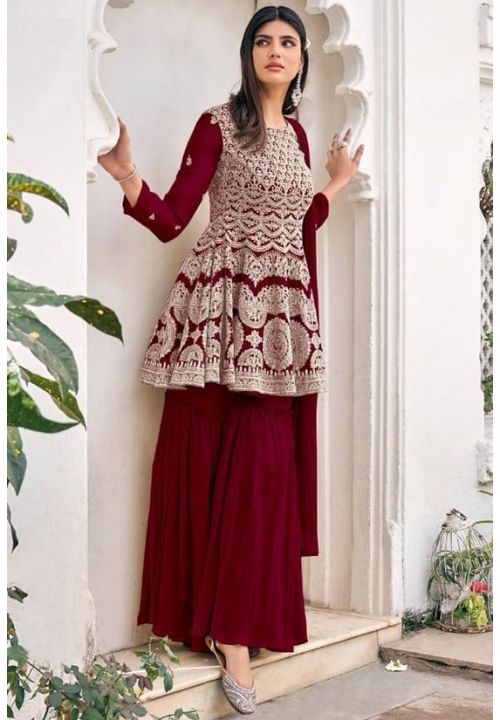 Maroon Peplum Style Red Viscose Sharara Palazzo Suit SFDSIF5401B - Siya Fashions