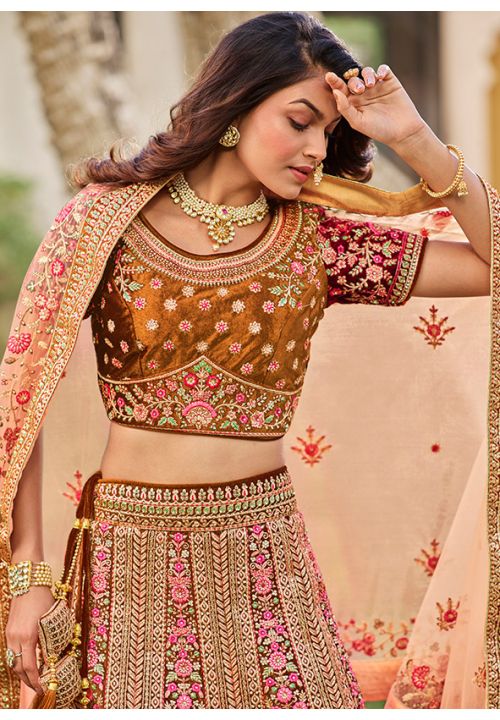 Maroon Velvet Indian Bridal Lehenga Choli Set SFSA280701 - Siya Fashions