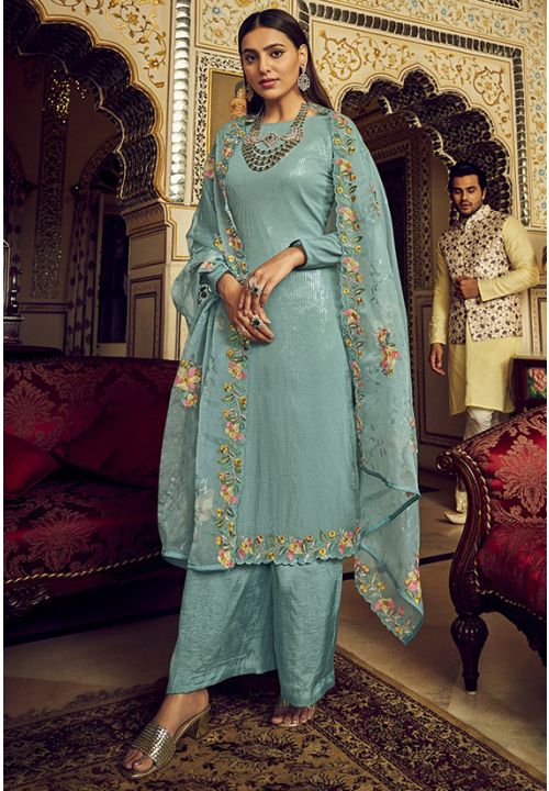 Mint Blue Haldi Georgette Palazzo Party Suit SFYS79403 - Siya Fashions