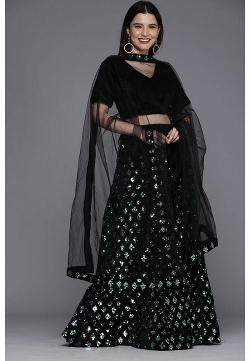 Mint Sequin Black Velvet Indian Wedding Party Lehenga Choli SFSHV8503 - Siya Fashions
