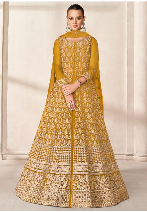 Mustard Yellow Bridesmaid Embroidery Net  Long Anarkali Gown SRYS82301 - Siya Fashions