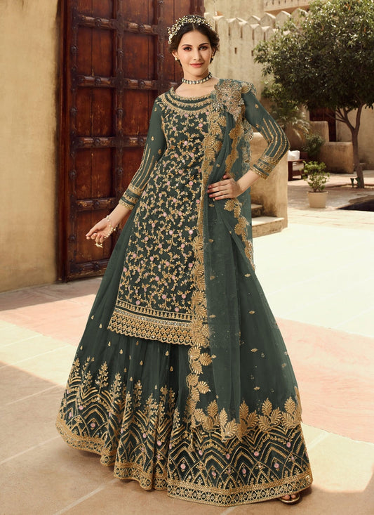 Olive Green Amyra Dastur Palazzo Salwar Kameez In Net FZSF100740 - Siya Fashions