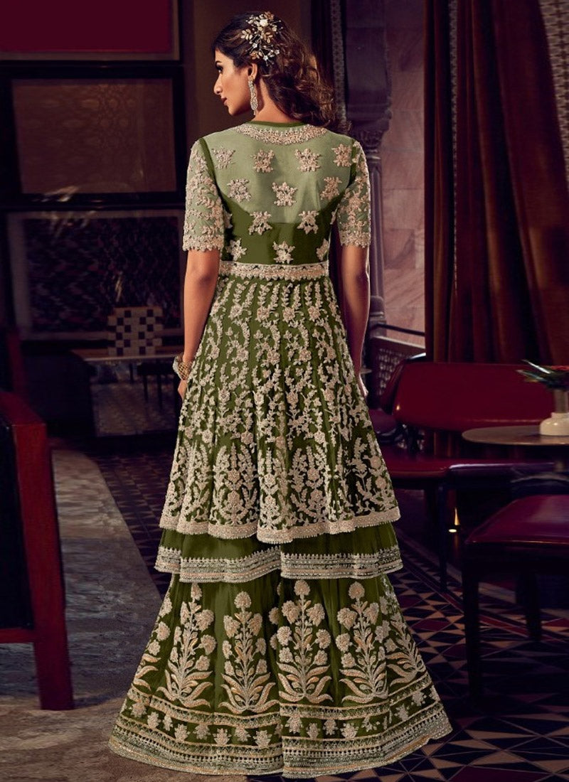 Olive Green Wedding Reception Net Sharara Palazzo Suit FZSF90667 - Siya Fashions