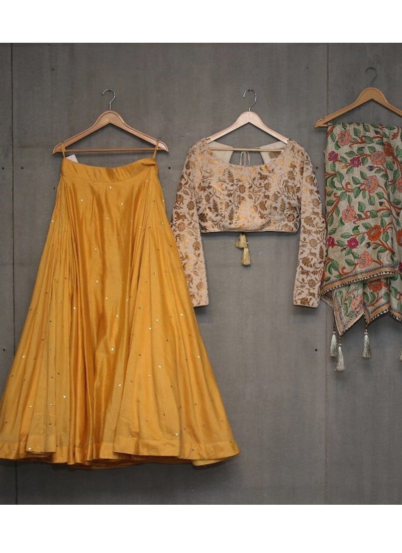 Online Musturd Yellow Art Silk Haldi Lehenga SFIN0221 - Siya Fashions
